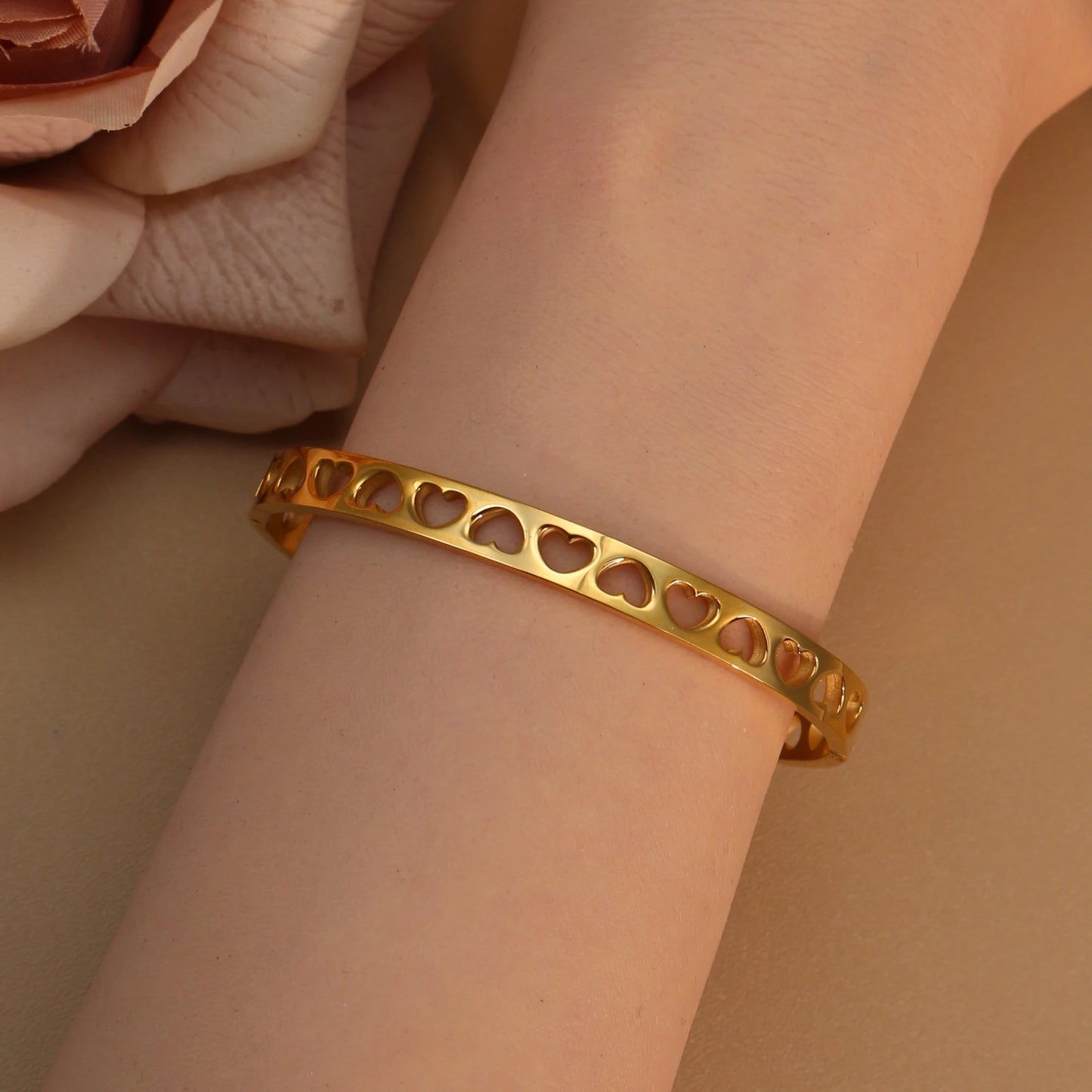 18K Gold-Plated LOVE Stainless Steel Zircon Openwork Bangle Bracelet Women's Jewelry