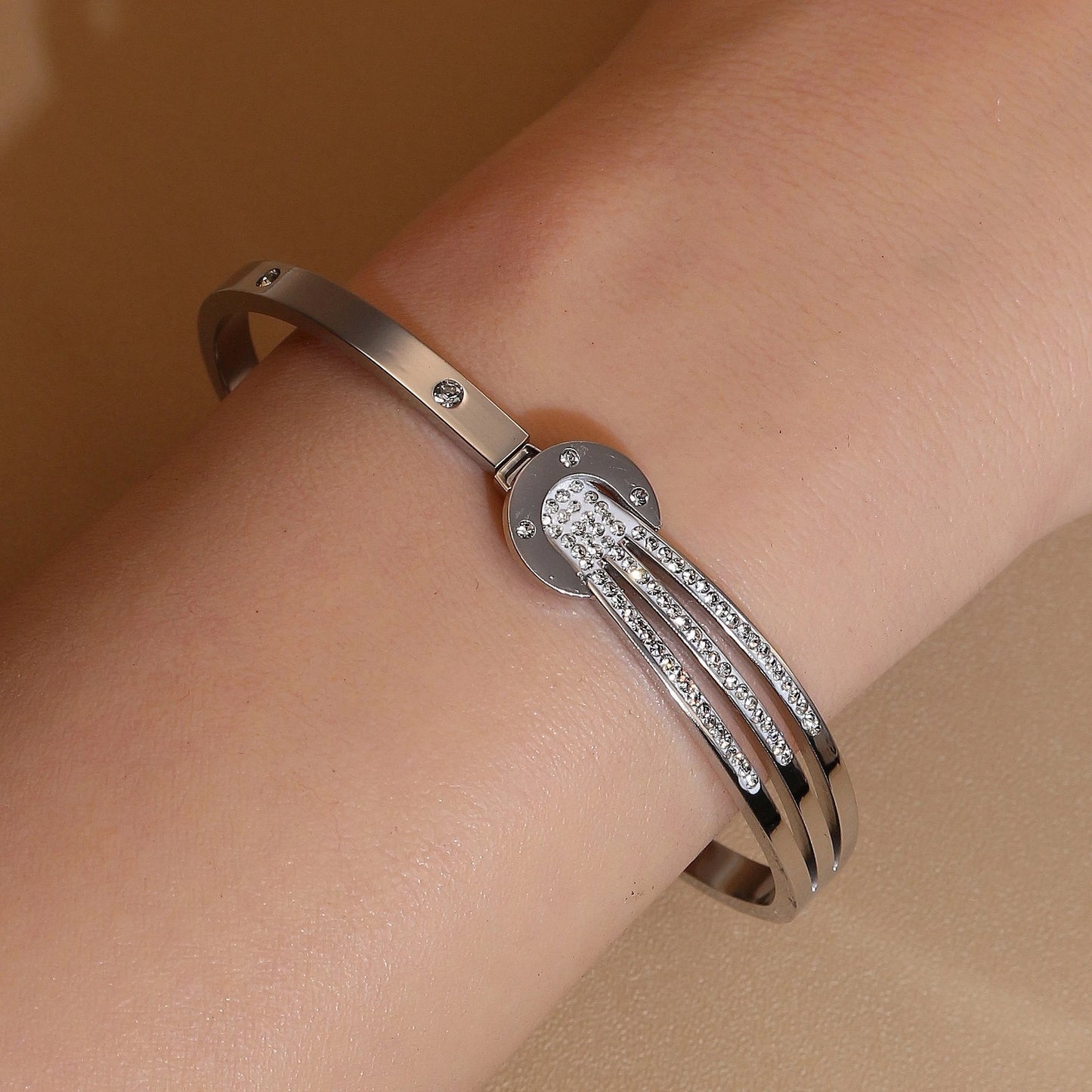 Women 18k Gold Plated Crystal Hollow Open Stainless Steel Bracelet