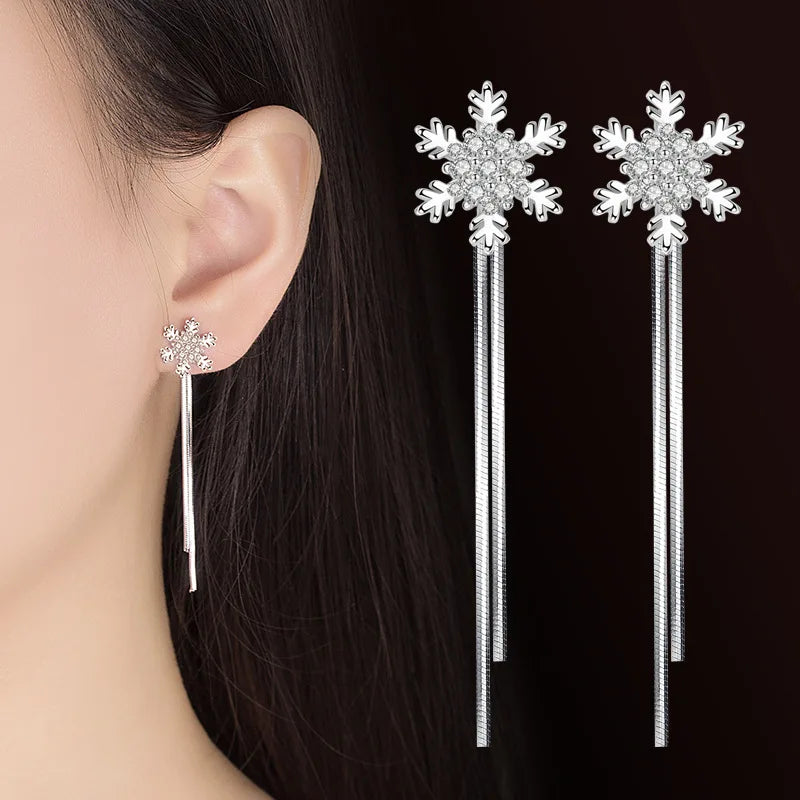 925 Sterling Silver Women Bridal Wedding Crystal Long Chain Zircon Snowflake Drop Earrings