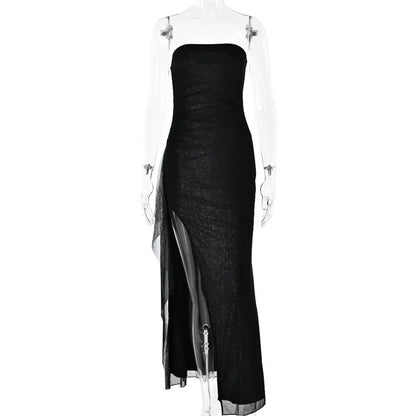 Women Sparkle Off-shoulder Maxi Strapless Backless Sleeveless Thigh High Slit Evening Long Dress