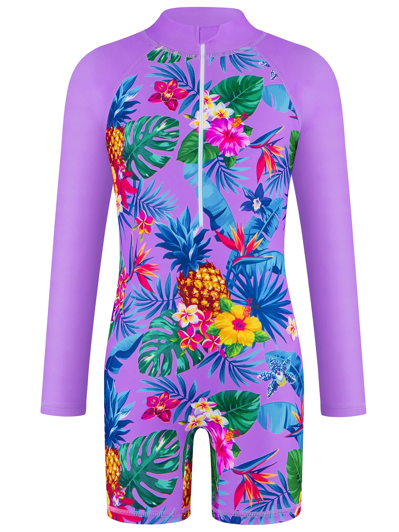 Long-Sleeved Purple Kids Girls One-Piece Tropical Plants Print Boyleg Rash Guard Beach Swimming Suit