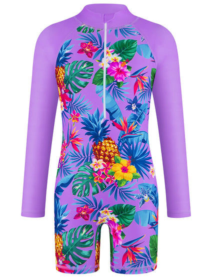 Long-Sleeved Purple Kids Girls One-Piece Tropical Plants Print Boyleg Rash Guard Beach Swimming Suit