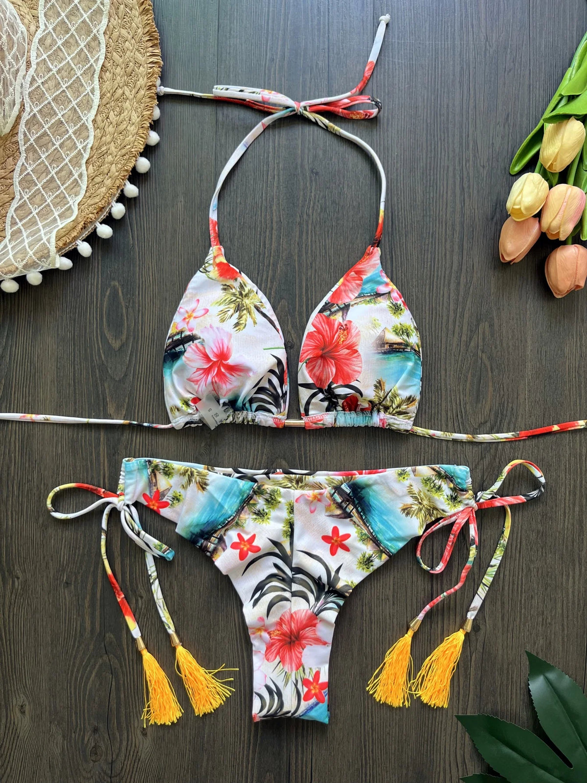Women's Swimsuit Two-piece Triangle Halter Botany Print Bikini Swimwear Bathing Brazilian Suit