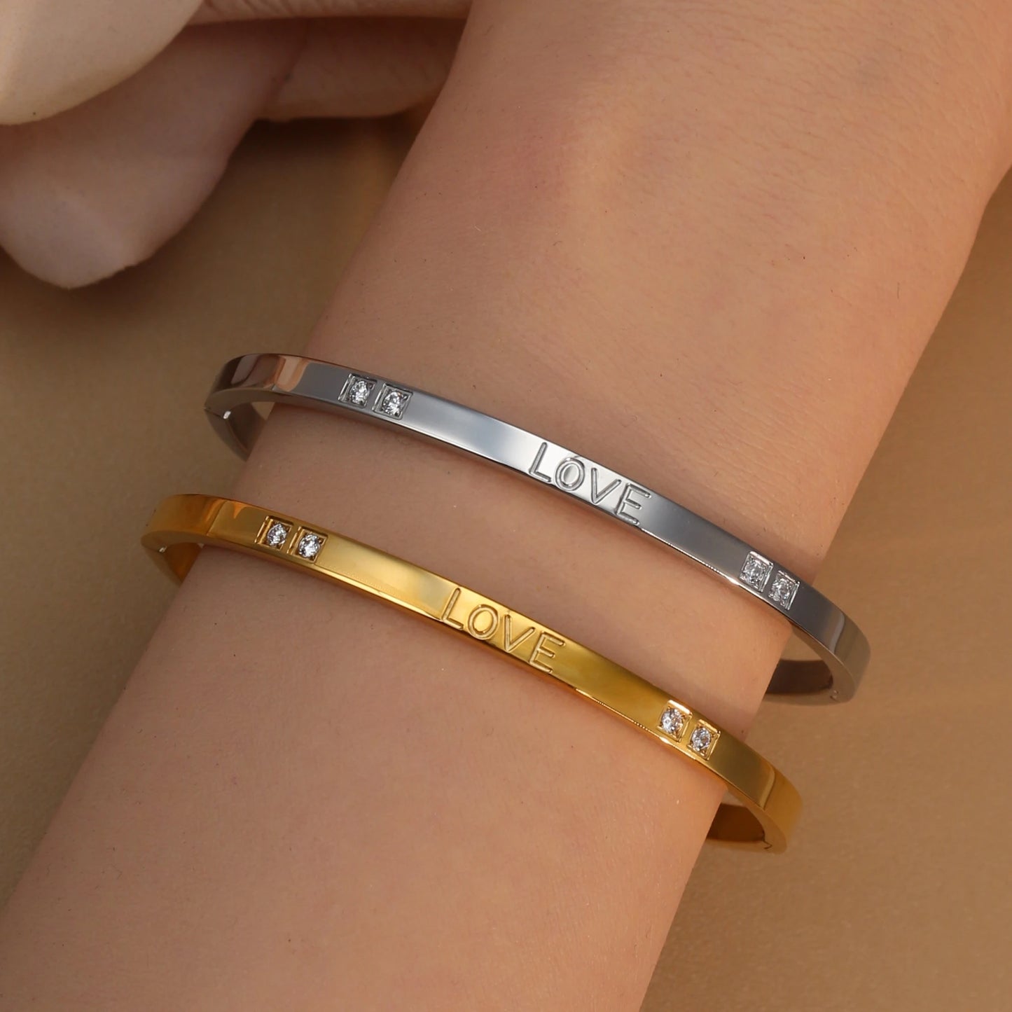 18K Gold-Plated LOVE Stainless Steel Zircon Openwork Bangle Bracelet Women's Jewelry