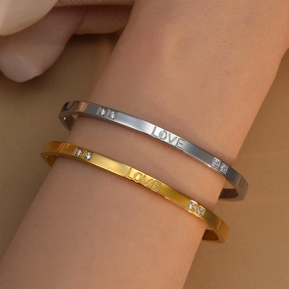 18K Gold-Plated LOVE Stainless Steel Zircon Openwork Bangle Bracelet Women's Jewelry