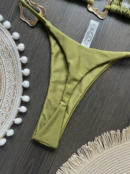 Women Bikini Solid Color Lace-up Split Two-piece Swimsuit Swimwear Suit