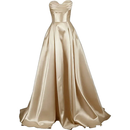 Sweetheart Strapless Pleat Satin Prom Women Long A Line Corset Formal Evening Party Dress w/ Pockets
