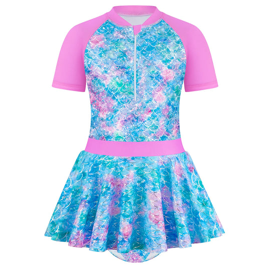 Kids Girls Short Sleeve Scale Print Zipper Beach Skirt Bikini Briefs Swimwear