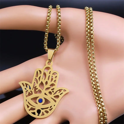 Hollow Fatima Hamsa Stainless Steel Gold Color Luck Hand Palm Blue Turkey Eye Pendants Necklace