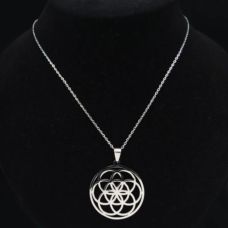 Women Men Sacred Geometry Seed of Life Talisman Yoga Flower of Life Stainless Steel Mandala Necklace