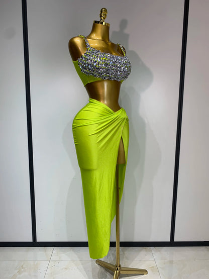 Women Sparkly Rhinestone Crop Tops Long Skirt Two Pieces Birthday Party Dinner Dress