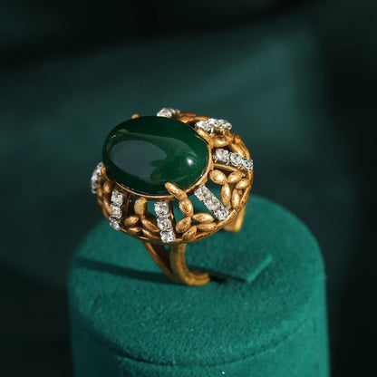 Women Vintage Antique Gold Color Oval Crystal Emerald Round Natural Stone Rings