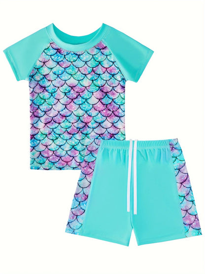 2pcs Kids Girls Mermaid Scale Print Short Sleeve Rash Guard Tops Boyleg Shorts Swimwear Suit
