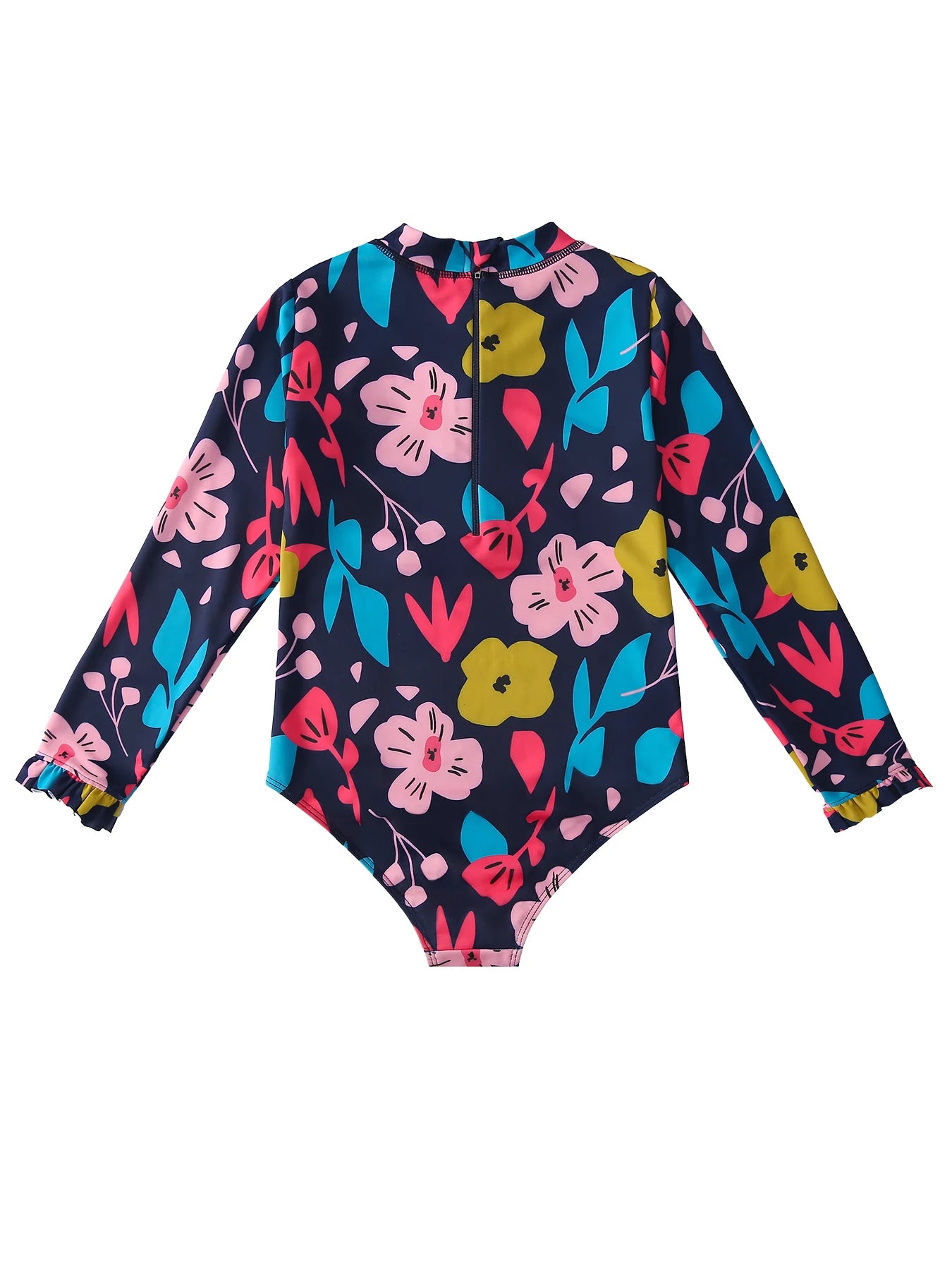 Kids Girl Floral Pattern Long Sleeve Zipper Back Ruffles Frill Cuff Jumpsuit Swimwear Beachwear Bathing Suits