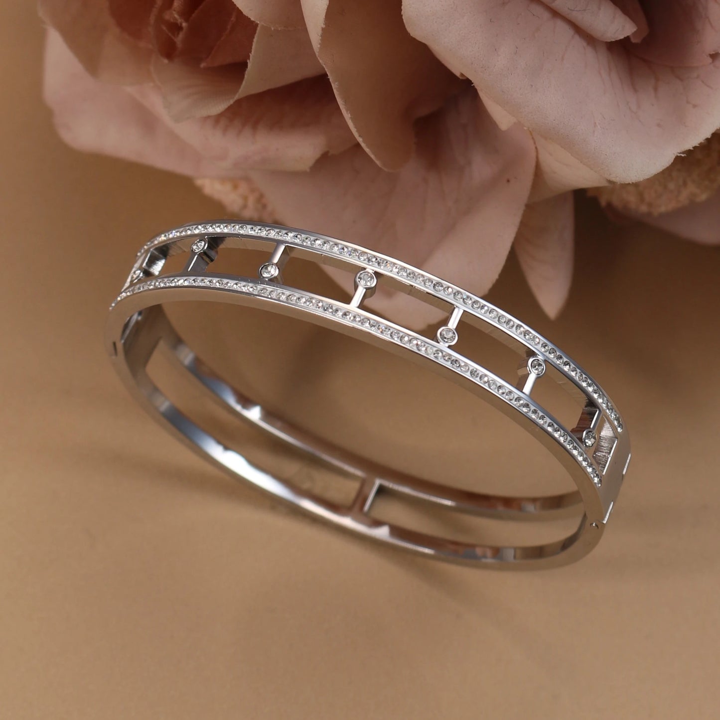 Women Stainless Steel Cross Small Zircon Round Charm Crystal Bangle Bracelet