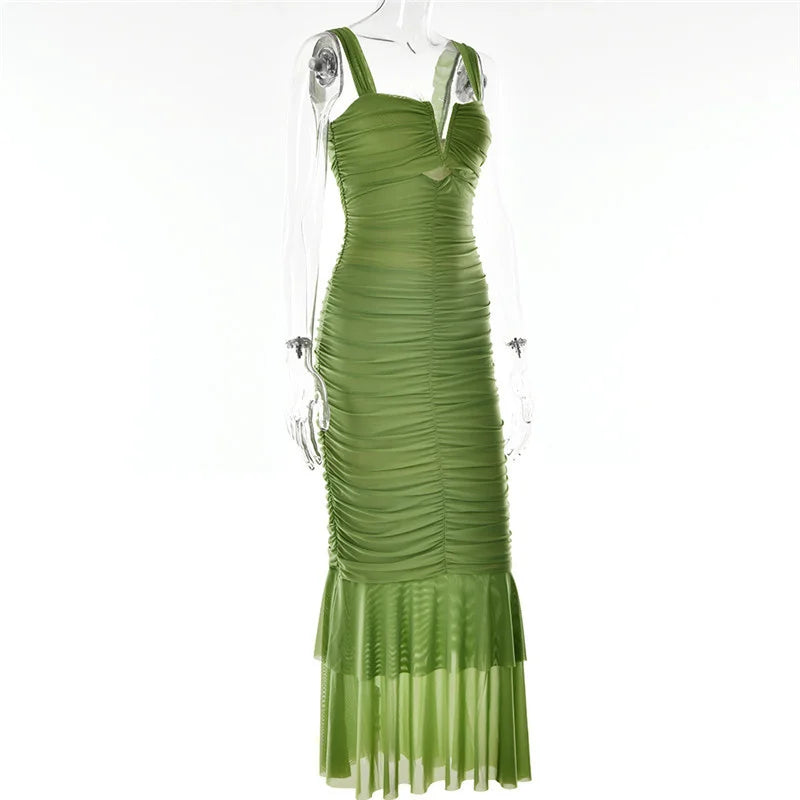 Women Hollow Out Backless Ruched Maxi Mesh Elegant Spaghetti Strap Sleeveless Bodycon Party Long Dress