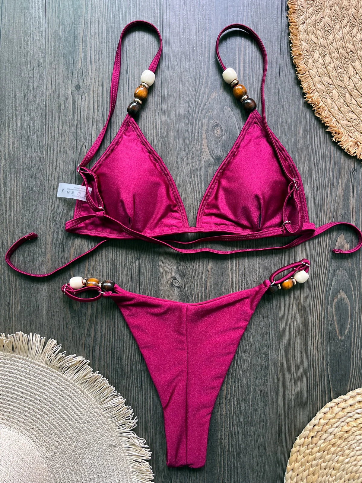 Sexy Women Pearls Strap Hole Out Push Up Bra Thong Swimsuit Brazilian Beach Bathing Micro Bikini Suit