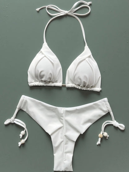 Women Lace Up Brazilian Thong Solid White/Black/Coffee Halter Swimsuit Bathing Beachwear Suit