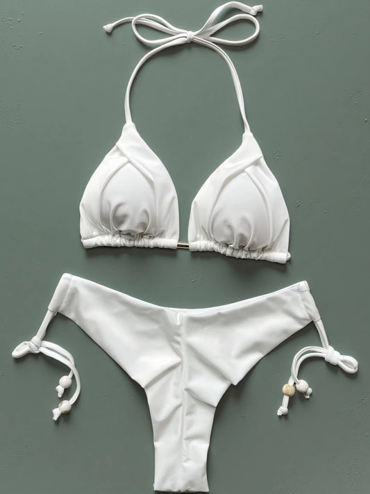 Women Lace Up Brazilian Thong Solid White/Black/Coffee Halter Swimsuit Bathing Beachwear Suit
