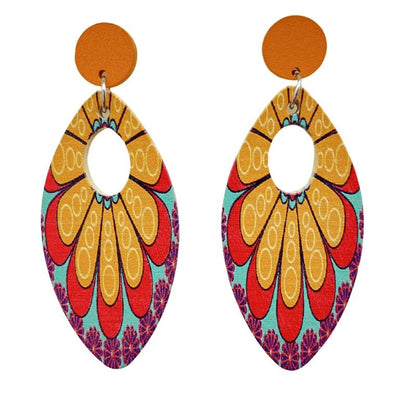 Women Bohemian Vintage Ethnic Feather Flower Wooden Earrings Gift