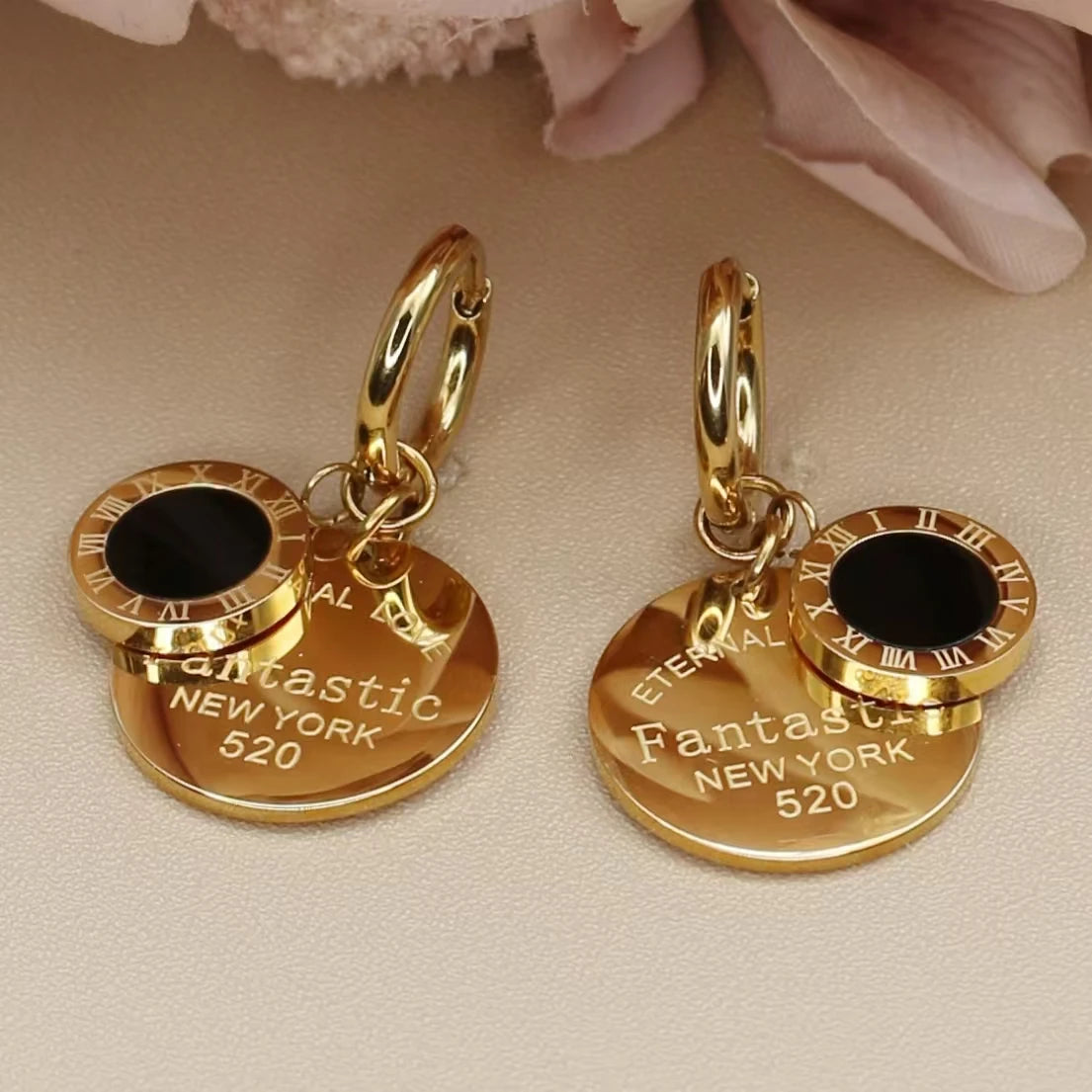 Roman Numeral Medallion Design FOREVER LOVE Stainless Steel Earrings Gift