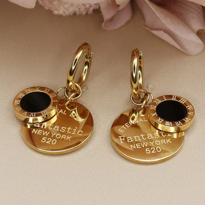 Roman Numeral Medallion Design FOREVER LOVE Stainless Steel Earrings Gift