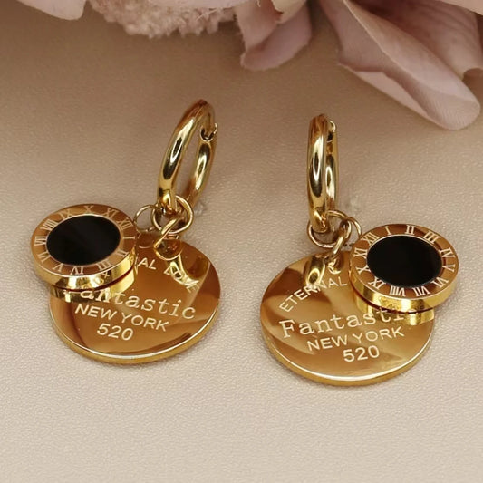Roman Numeral Medallion Design FOREVER LOVE Stainless Steel Earrings Gift