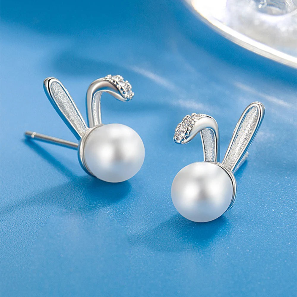Vintage Women Wedding Bridal Solid 925 Silver Rabbit Crysal Pearl Stud Earrings