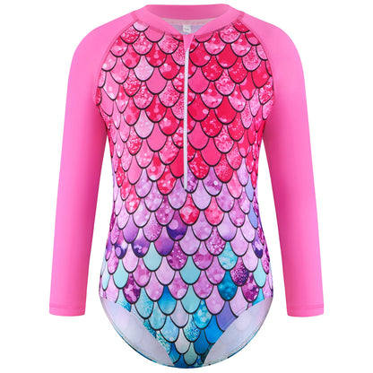 Kids Girls One-Piece Long Sleeve Scale Print Beach Rose Pink Bikini-Cut Bottom Swimwear