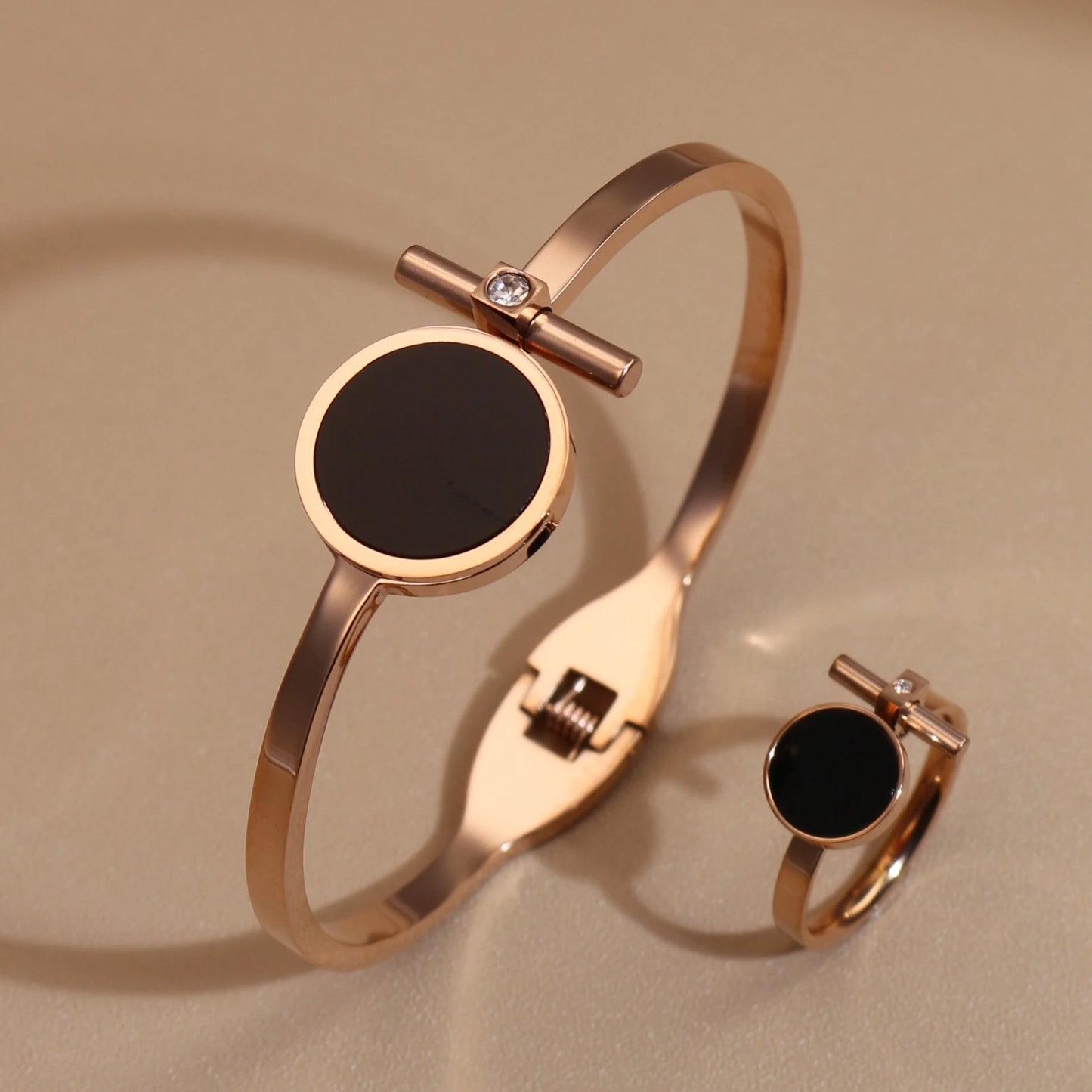 Women 2-In-1Black Acrylic Zirconia Stainless Steel Ring Bangle Bracelet Gifts Set