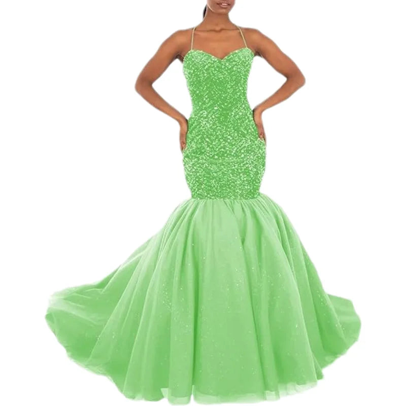 Sparkly Sequin Prom Women Long Tulle Halter Ball Gown Sleeveless Mermaid Formal Evening Party Dress