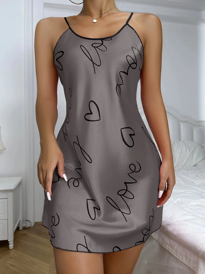 Heart Print Scoop Neck Criss Cross Women's Sleepwear Nightdress