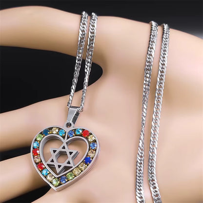 Women Men Silver Color Stainless Steel Jewish Star of David Hexagram Heart Shape Necklace