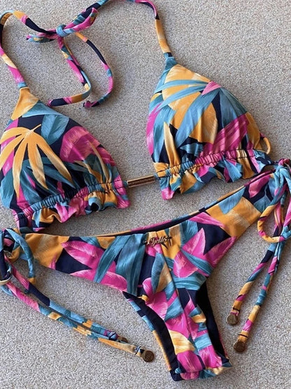 Sexy Micro Feather Print Bandage Swimwear Bathing Brazilian Bikini Suit