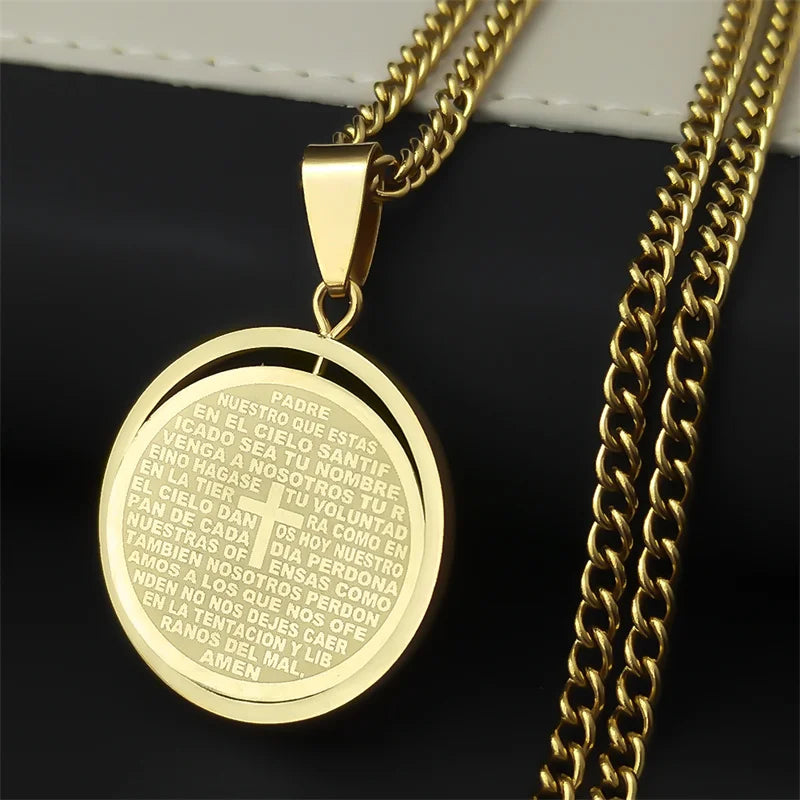Stainless Steel Spanish Religious Christian Bible Lords Prayer Cross Pendant Necklace