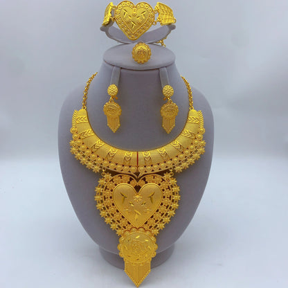 African Dubai Big 24K Gold Plated Women Wedding Indian Brazilian Pendant Necklace Earrings