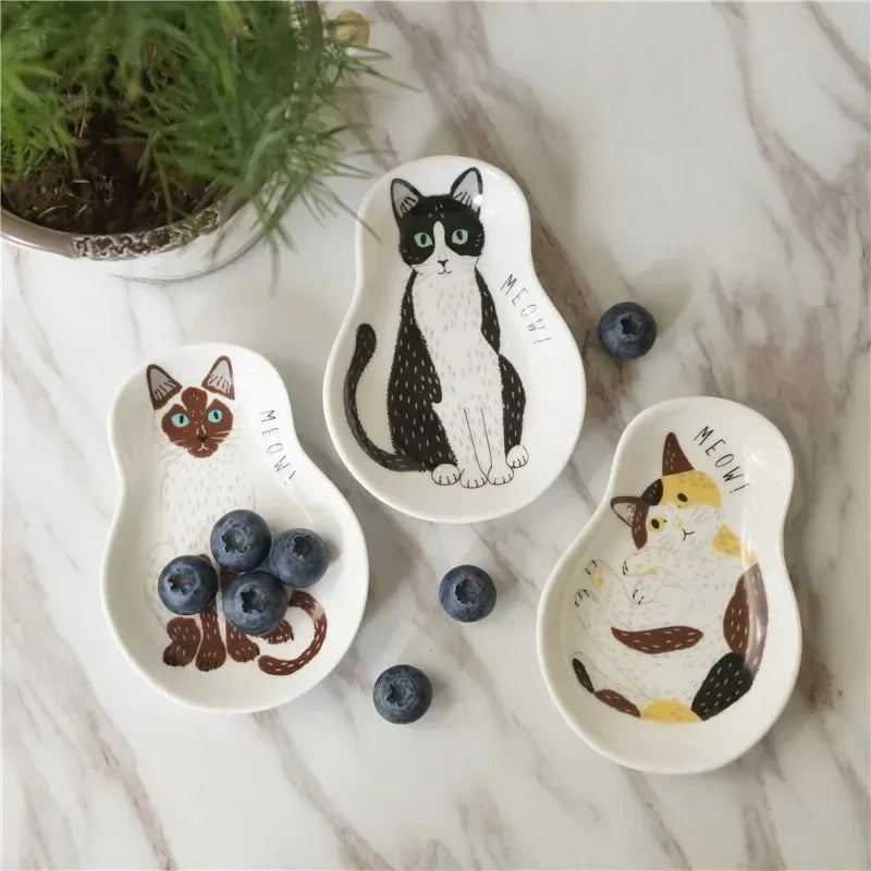 Ceramic Japanese Tableware Cat Kitten Soy Sauce Dish Dipping Saucer Plates