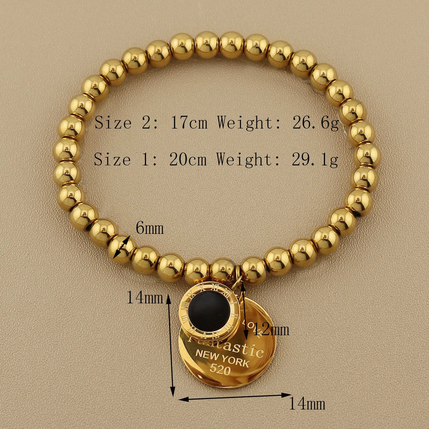 Women Fashion Cutout Medallion Pendant Elastic Rope Stainless Steel Bead Chain Bracelet