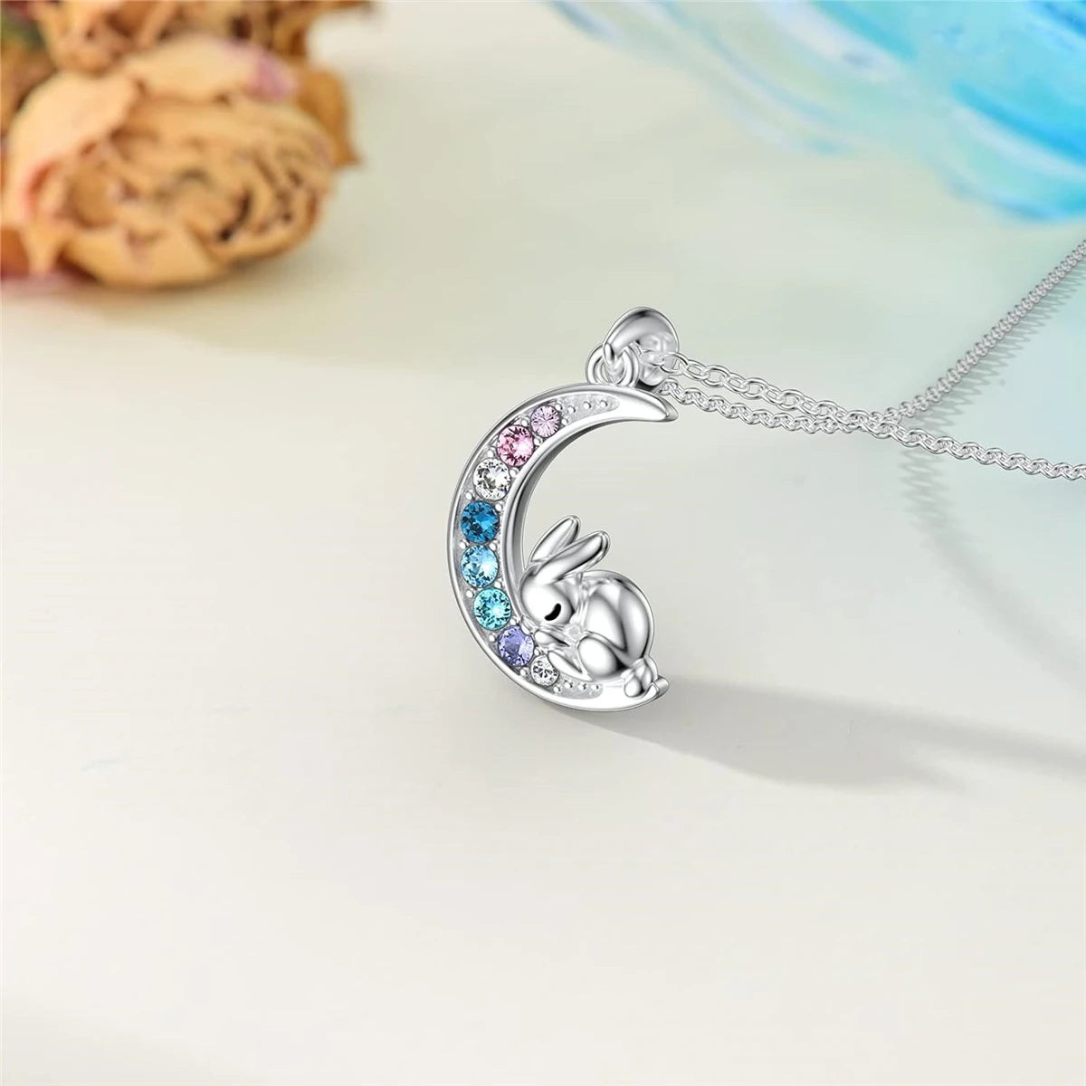 Creative Cute Pet Rabbit Colorful Crescent Bunny Pendant Necklace