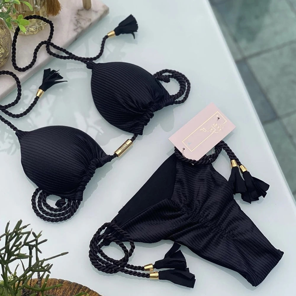 Woman Sexy Bathing Solid Triangle Adjustable Bandage Bikini Swimwear Swimsuit Beachwear