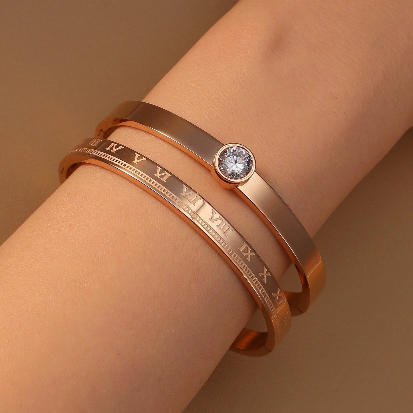 Women Roman Numeral 18k Gold Color Stainless Steel Zircon Bracelet Bangles
