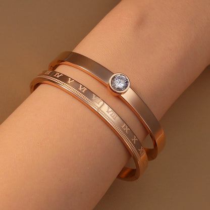 Women Roman Numeral 18k Gold Color Stainless Steel Zircon Bracelet Bangles
