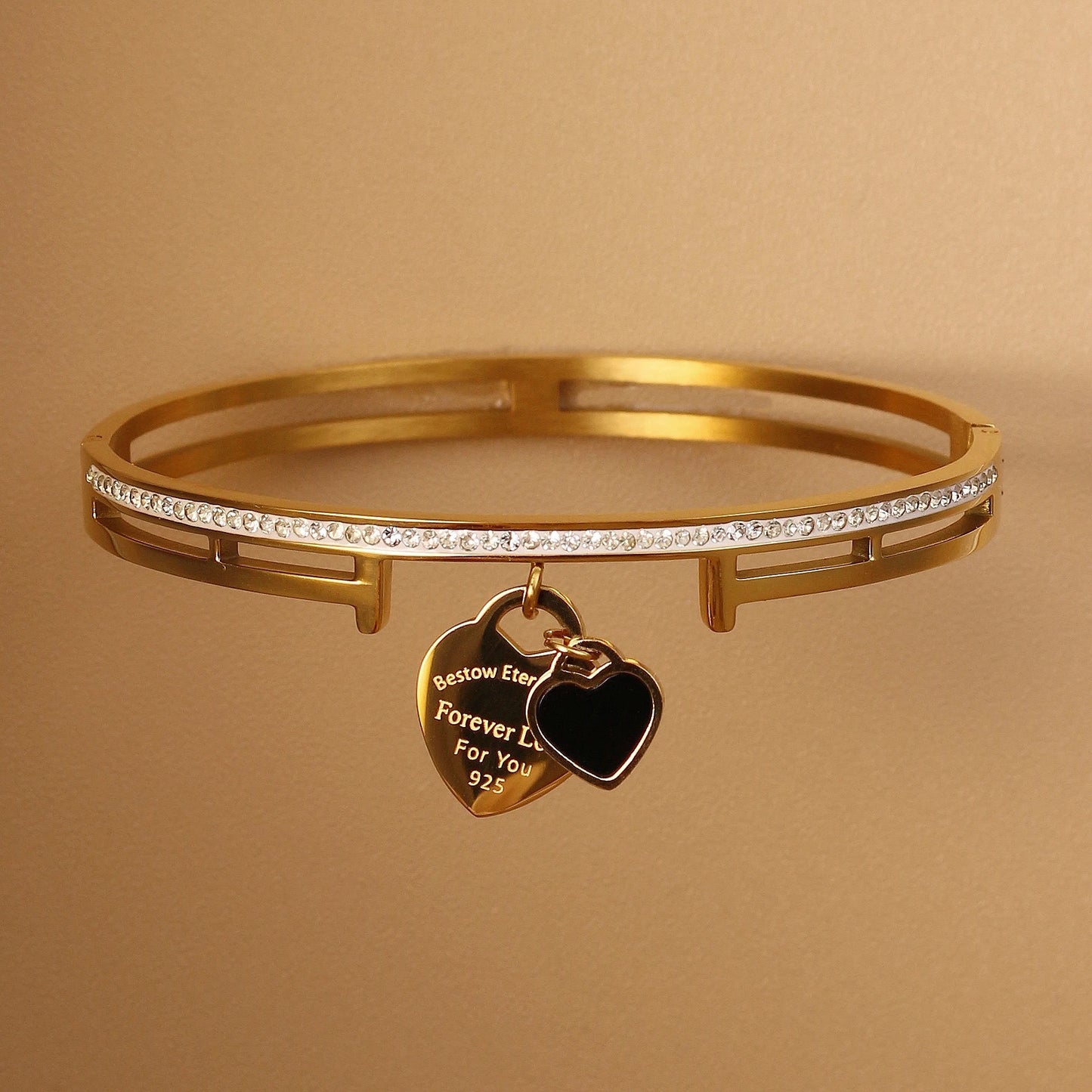 Women Fashion Double Peach Heart Love Stainless Steel Gold Color Bracelet Bangle Gifts