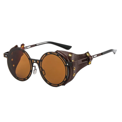 Oversized Men Women Vintage Designer Punk Metal Shades Round Steampunk Leather Eyeglasses UV400 Sunglasses