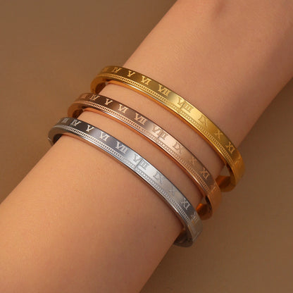 Women Roman Numeral 18k Gold Color Stainless Steel Zircon Bracelet Bangles