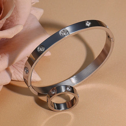 2-in-1 Women 18K Gold-Plated Stainless Steel Bracelet Ring Jewelry Set.
