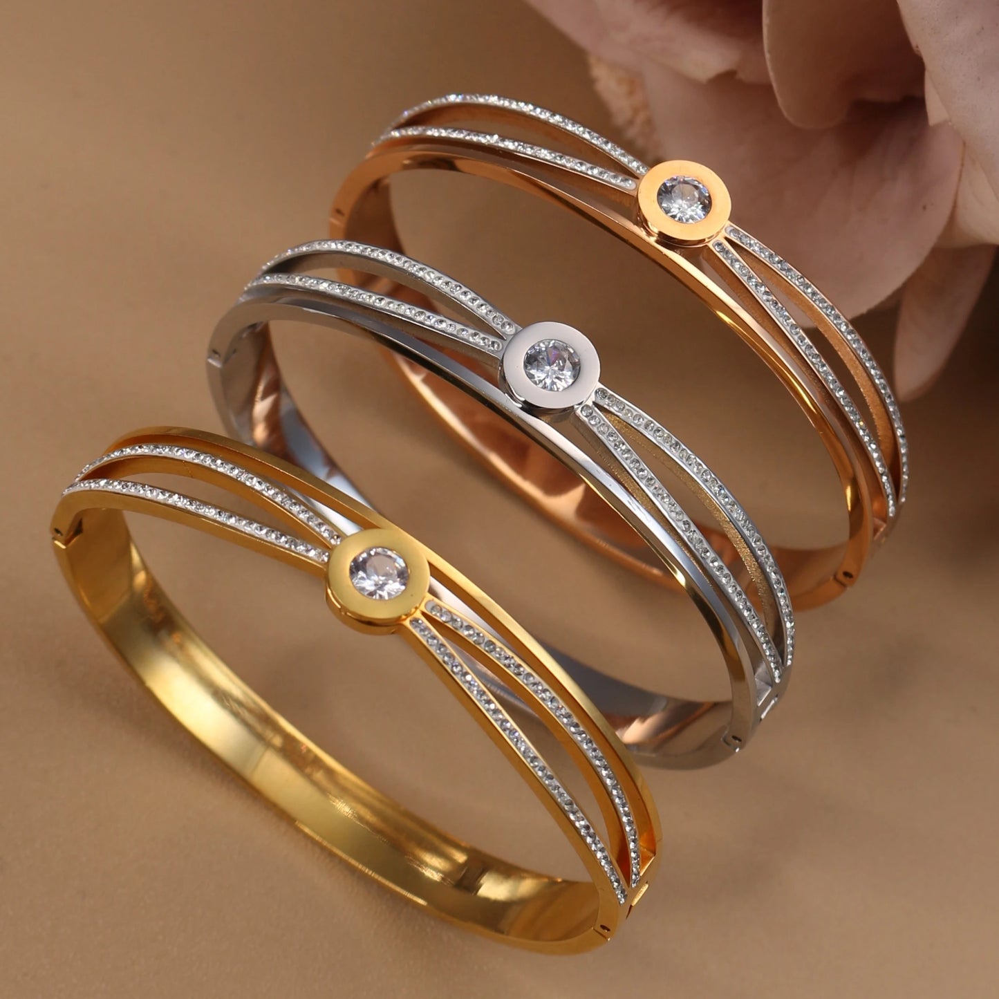 Women Stainless Steel Cross Small Zircon Round Charm Crystal Bangle Bracelet