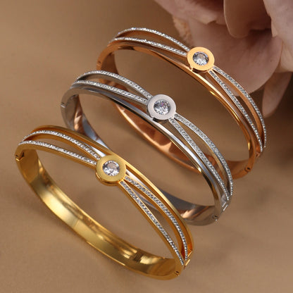 Women Stainless Steel Cross Small Zircon Round Charm Crystal Bangle Bracelet
