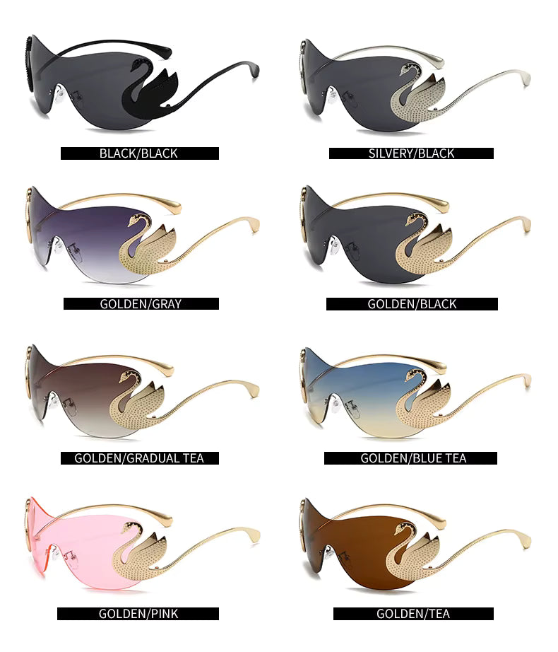 Y2k Women Fashion Swan Inlay Gradient Lens Shades Oversized Rimless Sunglasses Glasses