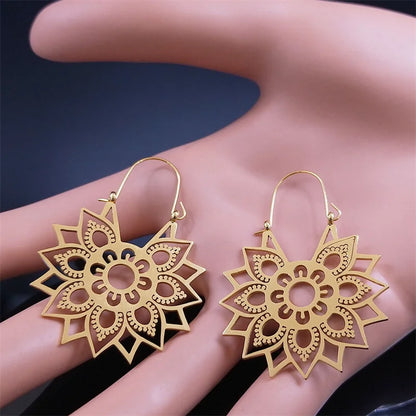 Women Yoga Lotus Flower Stainless Steel Gold Color Hoop Earrings